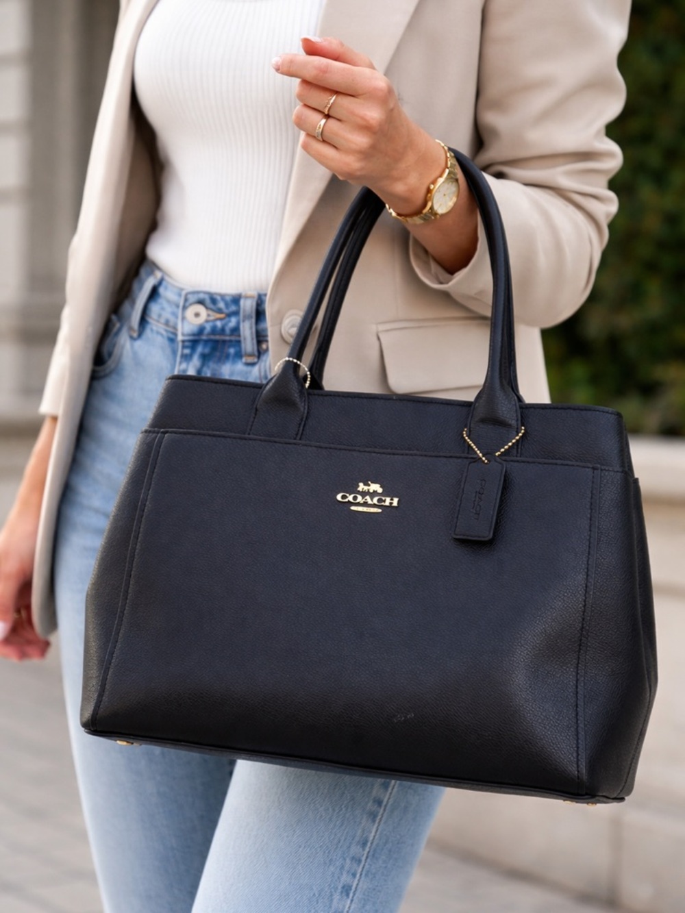 Coach Black Leather Tote with Gold Logo Hardware
